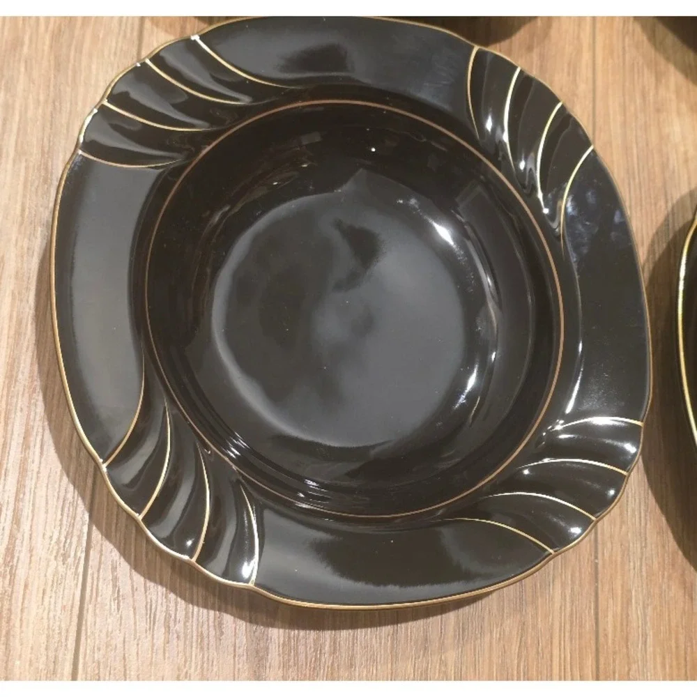 Vtg Ranmaru Wave Golden Black Soup Bowls Set of 4‎ Gallery Collections Japan